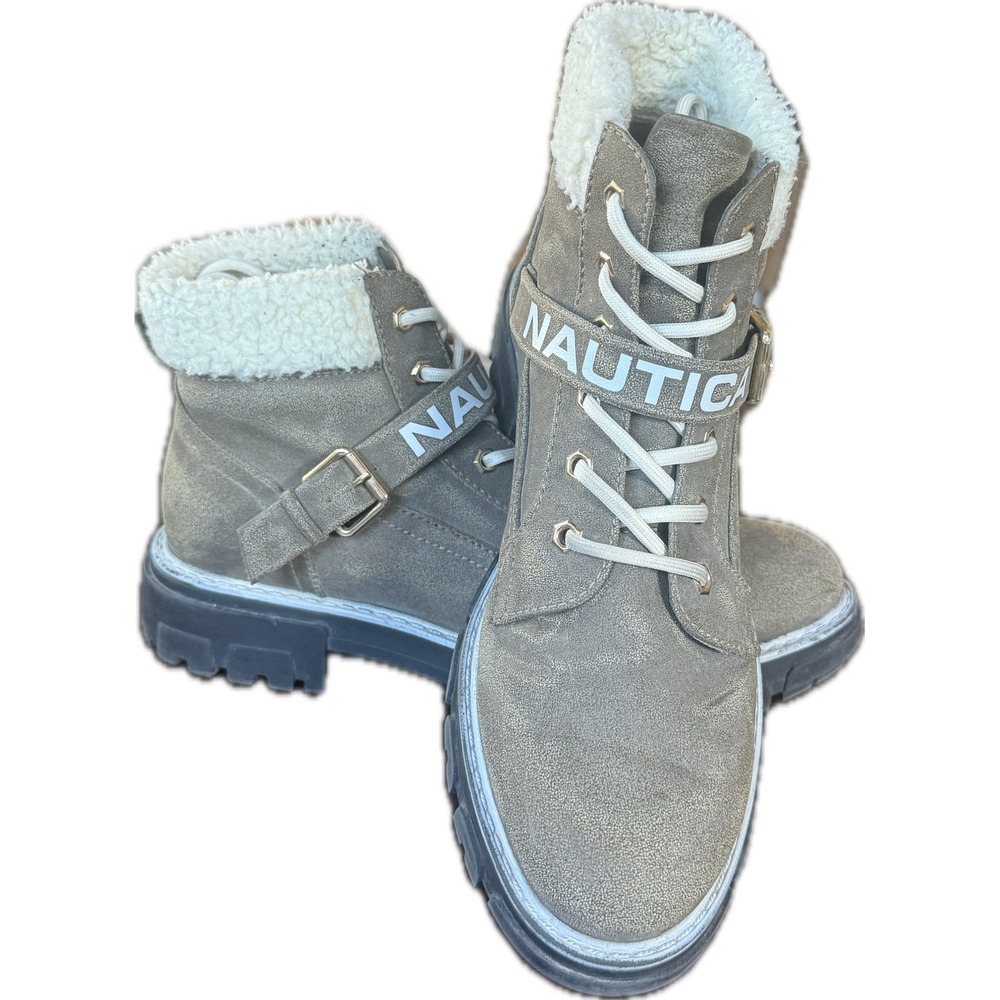 Nautica Evona Taupe Grey Faux Shearling Lace Up Buckle Combat Boots Womens 9.5